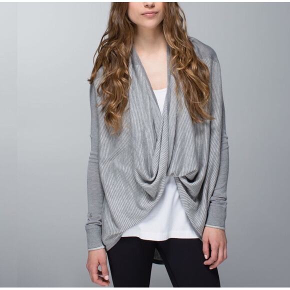 Lululemon Womens Gray/Stripe Iconic Wrap Sweater Sz 10 Athleisure Cashmere Blend - Picture 1 of 8